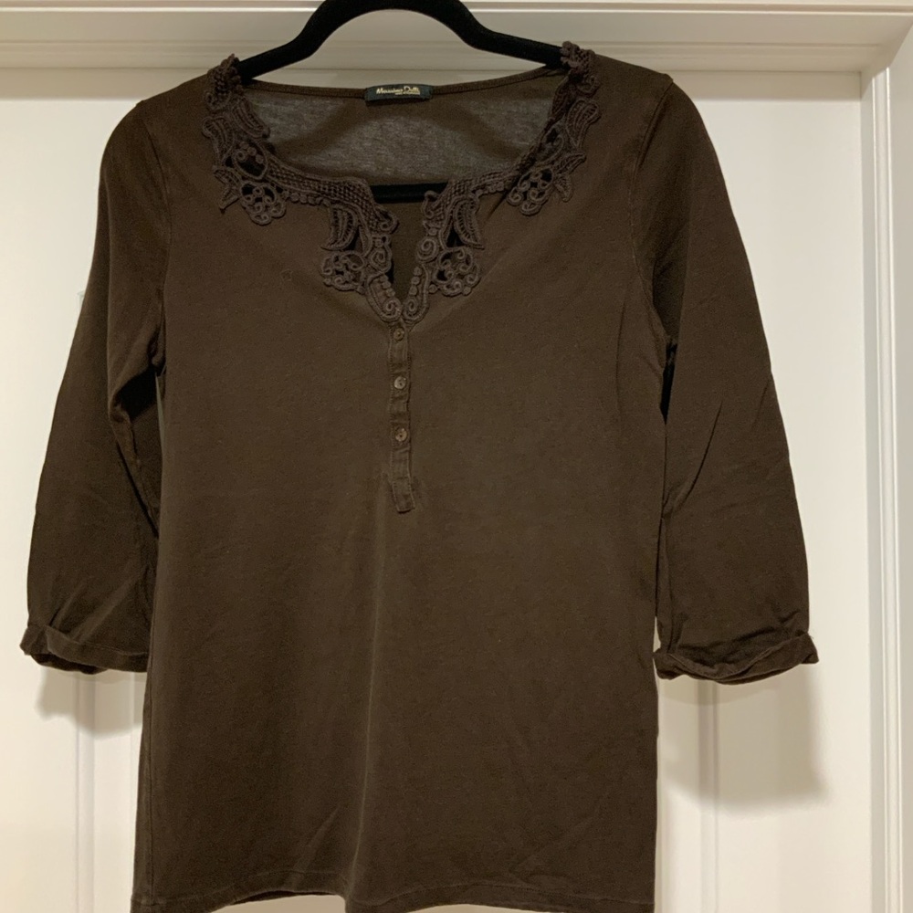 Massimo Dutti Dark Brown Lace Detail Blouse